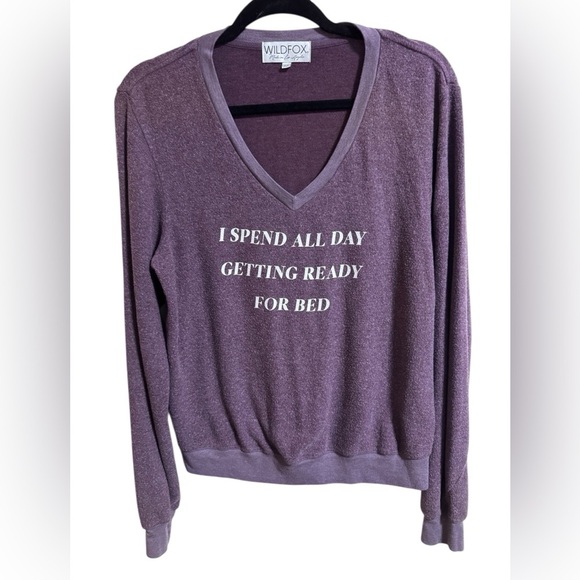 Wildfox Sweaters - Wildfox Purple V Neck Graphic Sweatshirt I Spend All Day Getting Ready For Bed M